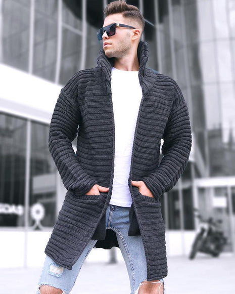 Knitted Cotton Ribbed Jacquard Lapel Cardigan Sweater