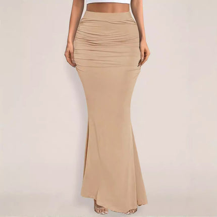 Stretch Silk Slim Hip Pleated Wide Hem Long Skirt