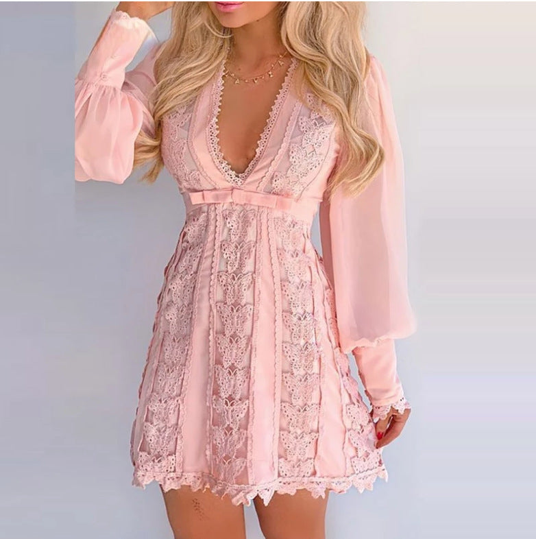 White Elegant V Neck Lace Long Puff Sleeve Butterfly Dress