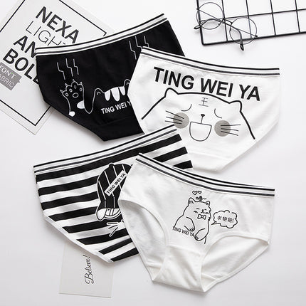 Black And White Cute Cartoon Mid Waist Sheath Breathable Underwear