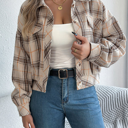 Plaid Faux Pocket Long Sleeve Woolen Coat