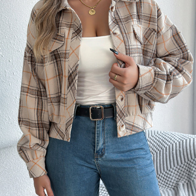 Plaid Faux Pocket Long Sleeve Woolen Coat