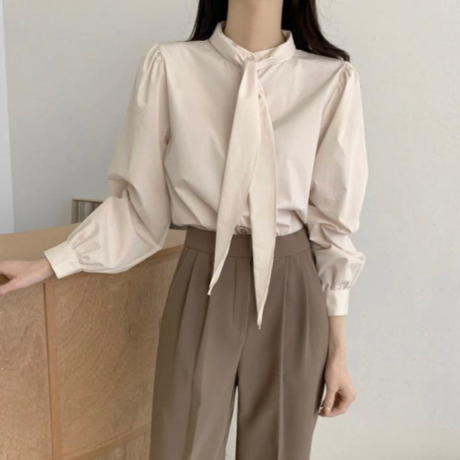 Korean Gentle Lace-up Bow Tie Puff Sleeve Shirt