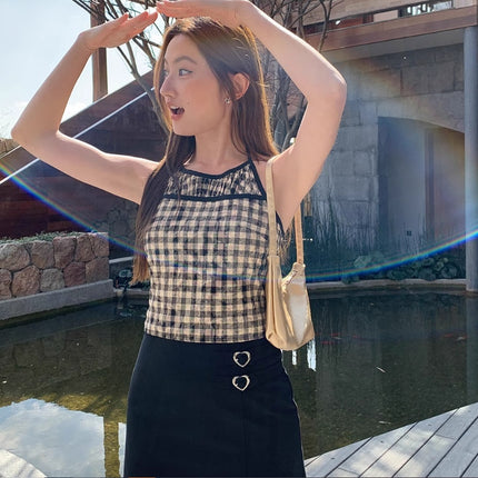 Split Stitching Plaid Halter Vest