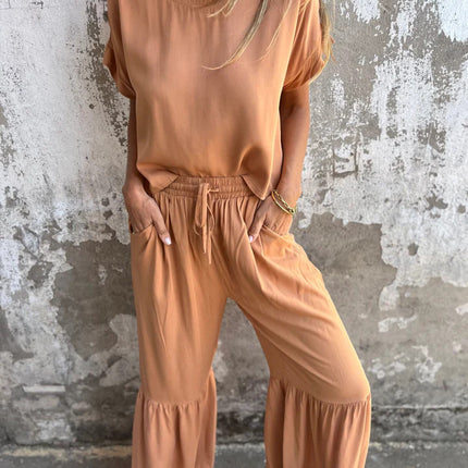 Short-sleeved Round Neck Pullover Top and Drawstring Wide-leg Pants Set