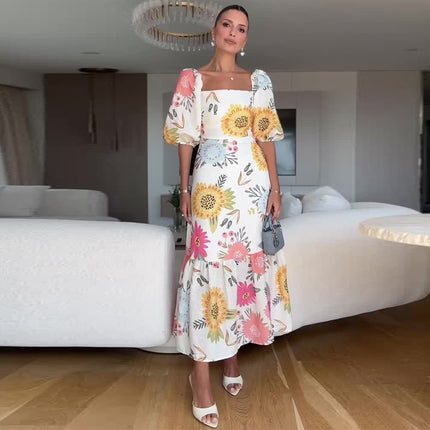 Square Collar Puff Sleeve Waist Trimming Stitching Dress