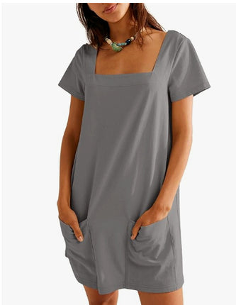 Square Collar Short Sleeve Short Skirt Pocket Dress
