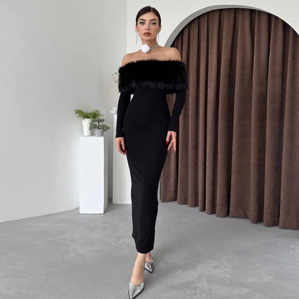 Off-shoulder Fur Collar Slim Fit Dress