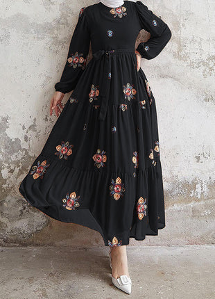 Elegant Umbrella Embroidery with Belt Dress