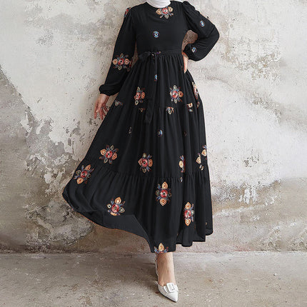 Elegant Umbrella Embroidery with Belt Dress