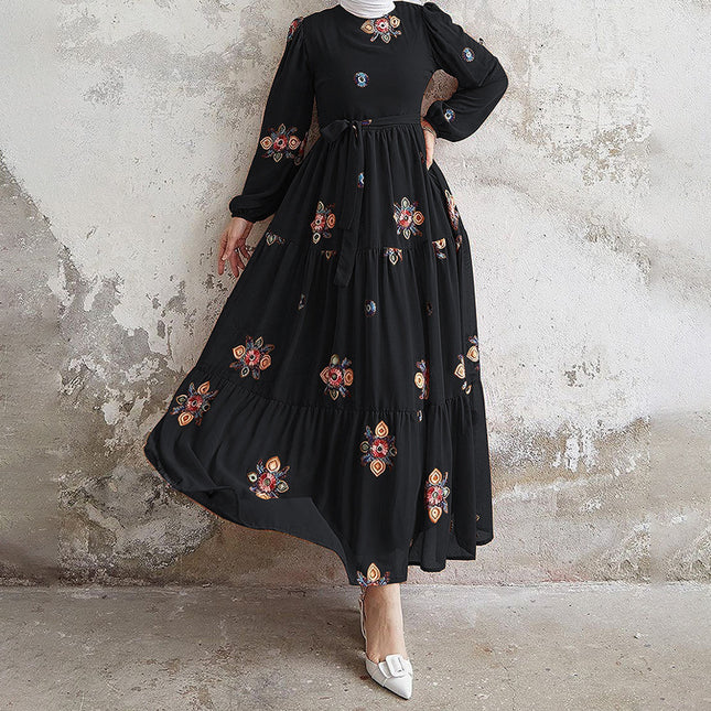 Elegant Umbrella Embroidery with Belt Dress