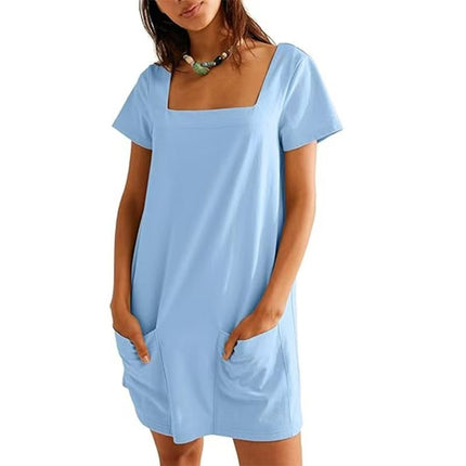 Square Collar Short Sleeve Short Skirt Pocket Dress