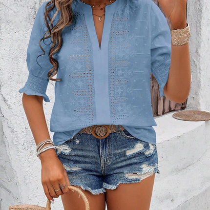 V-neck Puff Half Sleeve Hollow Hair Ball Shirt