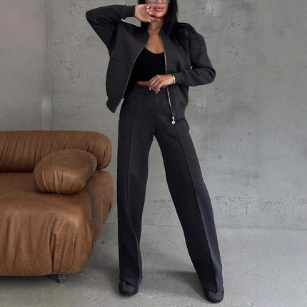 Zipper Jacket and Wide Leg Pants Set