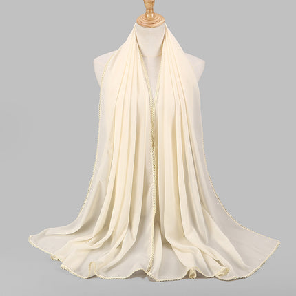 Elegant Women's Monochrome Lace Panel Pearl Chiffon Scarf