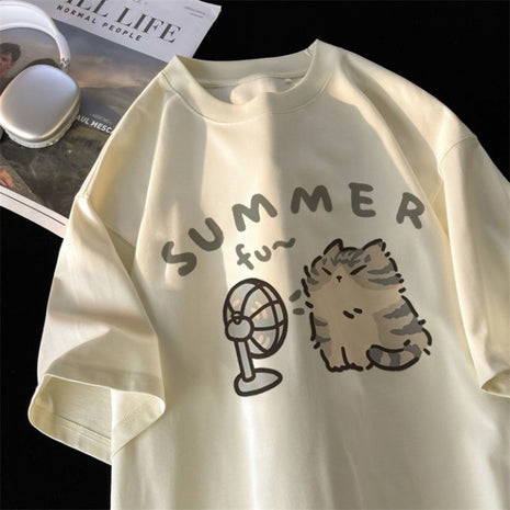 Hong Kong Style Half Sleeve Loose Cotton Short Sleeve