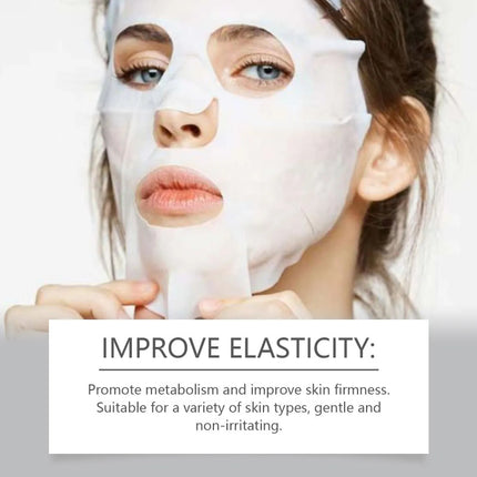 Woman wearing a white face mask with text about improving elasticity.