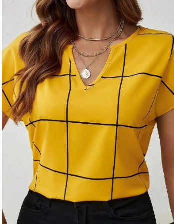 Plaid Notched Neck Short Sleeve Blouse
