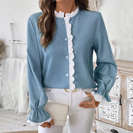 Single-breasted Lace Collar Blue Top