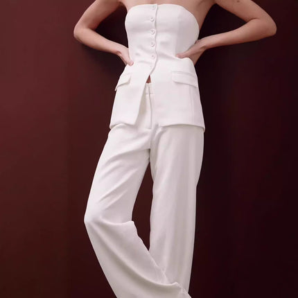 Graceful Sleeveless Tube Top Button and Long Trousers Set