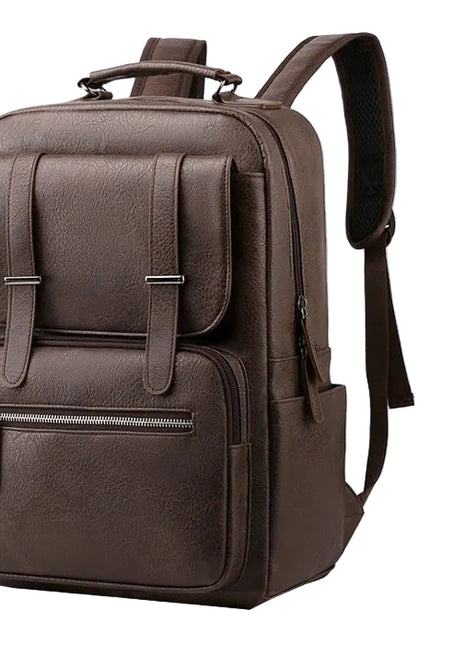 Brown backpack with multiple pockets and large capacity on a white background