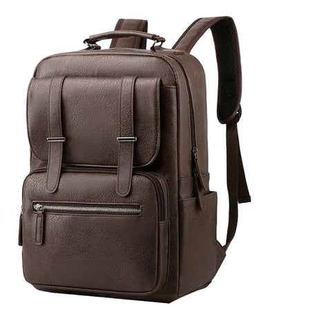Brown backpack with multiple pockets and large capacity on a white background