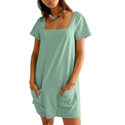 Square Collar Short Sleeve Short Skirt Pocket Dress
