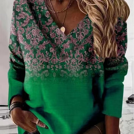 Retro V-neck Long-sleeved T-shirt