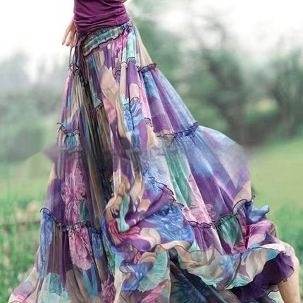 Art Retro Elastic Waist Slimming Large Hem Skirt