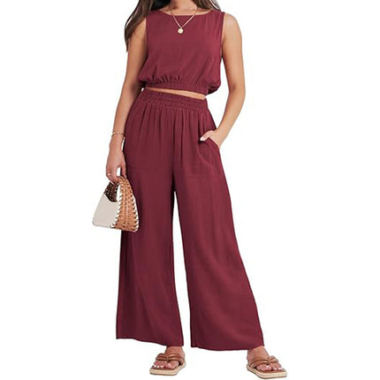 Round Neck Sleeveless Lower Hem High Waist Wide Leg Two-piece Set