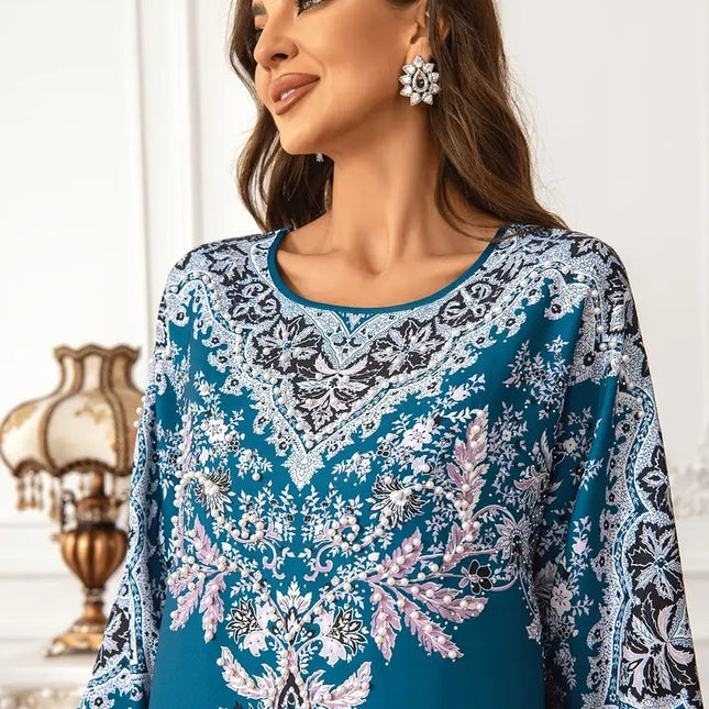 Kaftan Long Sleeved Round Neck with Bead Embellishment Dress