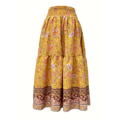 Waist-controlled Simple Floral Print Tassel Skirt
