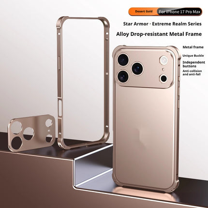 iPhone 17 Four-Corner Anti-Drop Metal Frame Case with Lens Cap