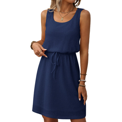 Square Collar Drawstring Sleeveless Vest Dress With Lining