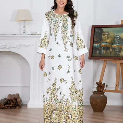 Elegant Flower Diamond Long Sleeve Round Neck Dress