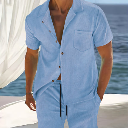 Men's Europe And America Cross Border Polyester Short Sleeve Cuban Collar Shirt Summer Suit