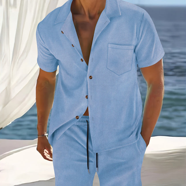 Men's Europe And America Cross Border Polyester Short Sleeve Cuban Collar Shirt Summer Suit