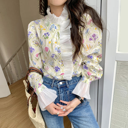 Romantic Turtleneck Patchwork Ruffled Flare Sleeve Shirt