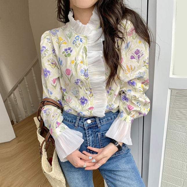 Romantic Turtleneck Patchwork Ruffled Flare Sleeve Shirt