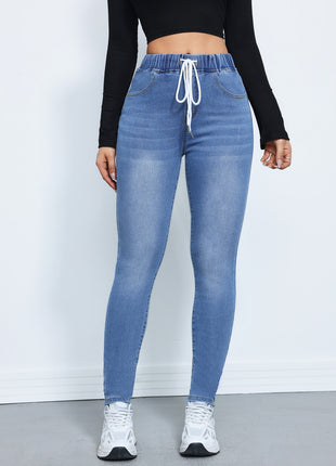 Denim Winter Drawstring Elastic Waist High Elastic Feet Trousers