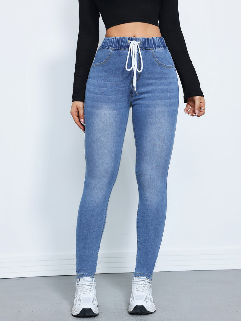 Denim Winter Drawstring Elastic Waist High Elastic Feet Trousers
