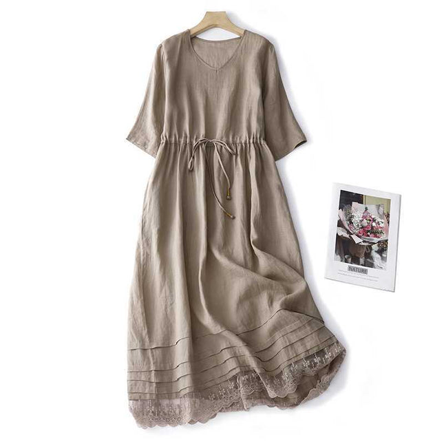 Ramie Mori Style Retro Crew Neck Dress