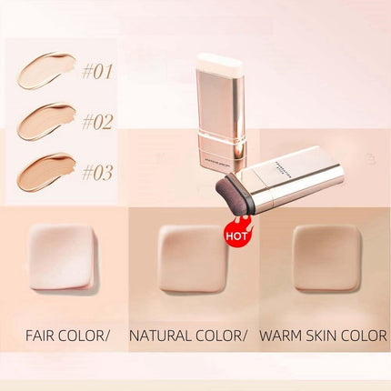 Makeup product with color swatches and application examples on a beige background