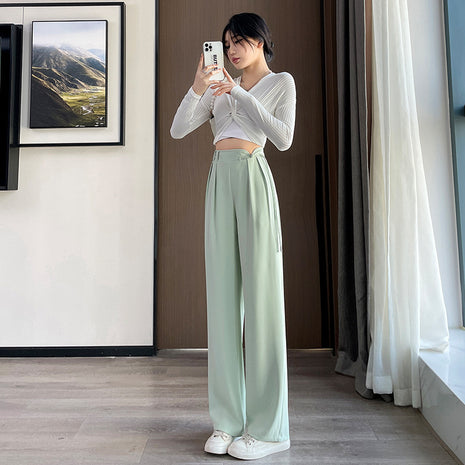 Buckle High Waist Casual Elastic Waist Wide Leg Pants