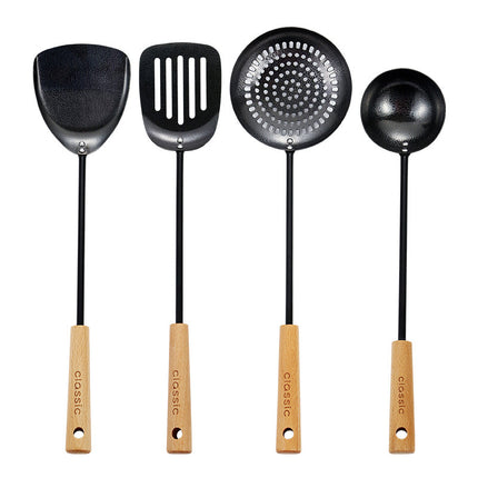 Big Black Long Handle Non-stick Cooking Iron Chef Set of 4