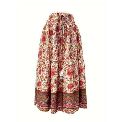 Waist-controlled Simple Floral Print Tassel Skirt