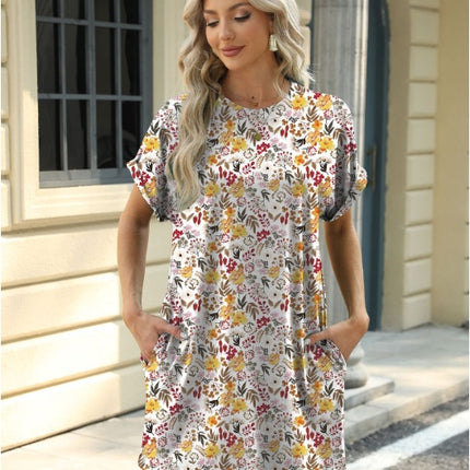 Loose Crew Neck Short Sleeve Printed Pocket Dress
