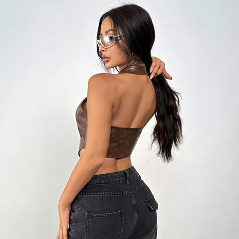 Gothic Halter Neck Open Back Top – Slim Waist Streetwear Tank