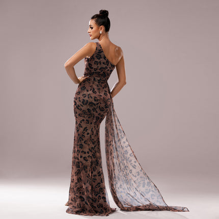 One-Shoulder Leopard Sequined Evening Dress
