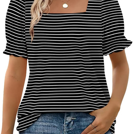 U-neck Petal Sleeve Loose Stripes T-shirt